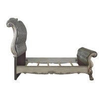 Sleigh Rolled Design Leatherette Eastern King Bed with Claw Legs, Gray