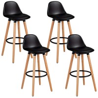 Costway Bar Stools Set Of 4, Modern Armless Kitchen Stool With Soft Pu Leather Seat, Bar Height Stool With Round Metal Footrest & Comfortable Curved Backrest For Home, Dining Hall (Black, 4)