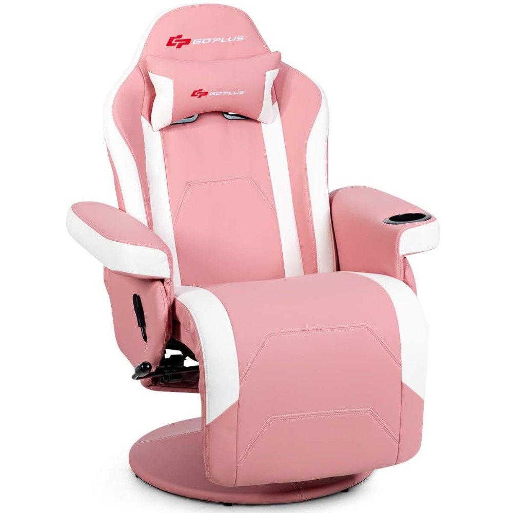 Goplus Massage Gaming Chair, Racing Style Gaming Recliner W/Adjustable Backrest And Footrest, Ergonomic High Back Pu Leather Computer Office Chair Swivel Game Chair W/Cup Holder And Side Pouch (Pink)