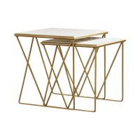 Benjara 2 Piece Marble Top Nesting Table With Geometric Base, White And Gold