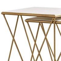 Benjara 2 Piece Marble Top Nesting Table With Geometric Base, White And Gold