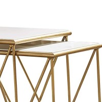 Benjara 2 Piece Marble Top Nesting Table With Geometric Base, White And Gold