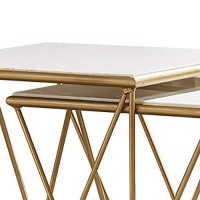 Benjara 2 Piece Marble Top Nesting Table With Geometric Base, White And Gold