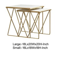 Benjara 2 Piece Marble Top Nesting Table With Geometric Base, White And Gold