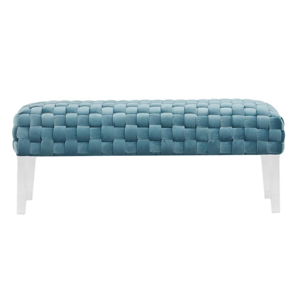 Homeroots Rectangular Modern Light Teal Textured Velvet Bench With Acrylic Legs