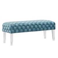 Homeroots Rectangular Modern Light Teal Textured Velvet Bench With Acrylic Legs