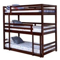 Benjara 3 Tier Design Wooden Twin Size Bunk Bed With Attached Guardrails, Brown