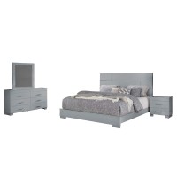 Benjara Queen Contemporary 4 Piece Glossy Wooden Bedroom Set, Gray