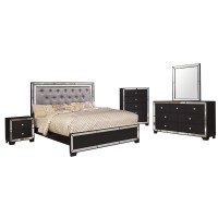 Benjara Crystal Tufted 5 Piece Wooden Queen Bedroom Set With Led, Brown
