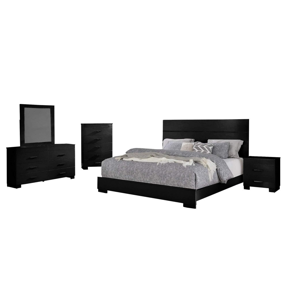 Benjara Contemporary 5 Piece Glossy Wooden Queen Bedroom Set, Black