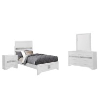 Benjara 4 Piece Wooden Twin Bedroom Set, White, Silver