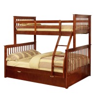 Benjara Mission Style Wooden Twin Over Full Bunk Bed With Trundle, Brown