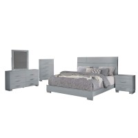 Benjara Contemporary 5 Piece Glossy Wooden Queen Bedroom Set, Gray