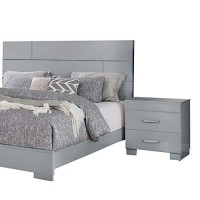 Benjara Contemporary 5 Piece Glossy Wooden Queen Bedroom Set, Gray