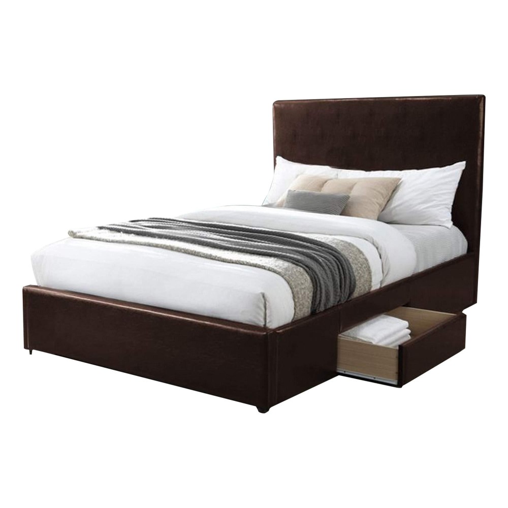 Benjara Platform Style Faux Leather Full Size Bed With 2 Drawers, Brown