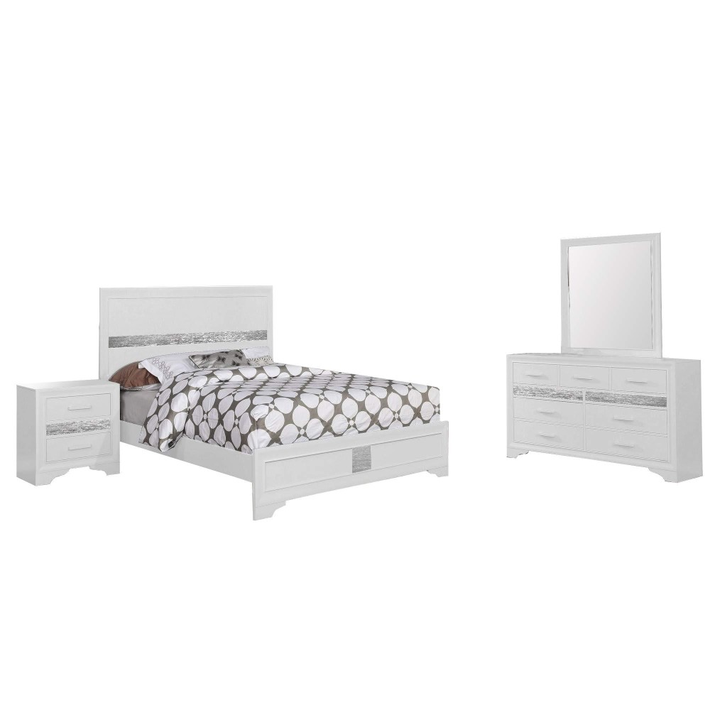 Benjara 4 Piece Wooden Queen Bedroom Set, White, Silver
