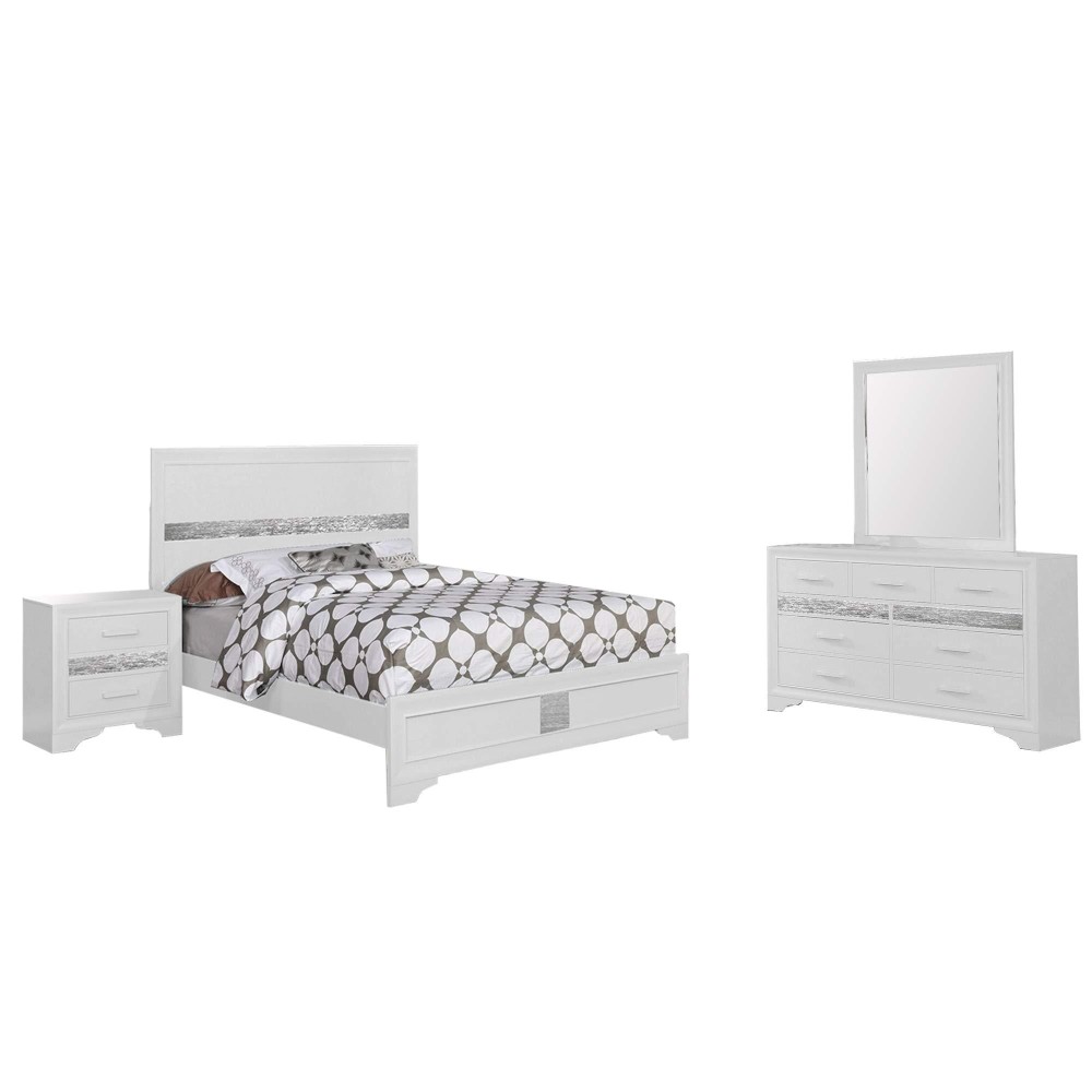 Benjara 4 Piece Wooden Full Bedroom Set, White, Silver