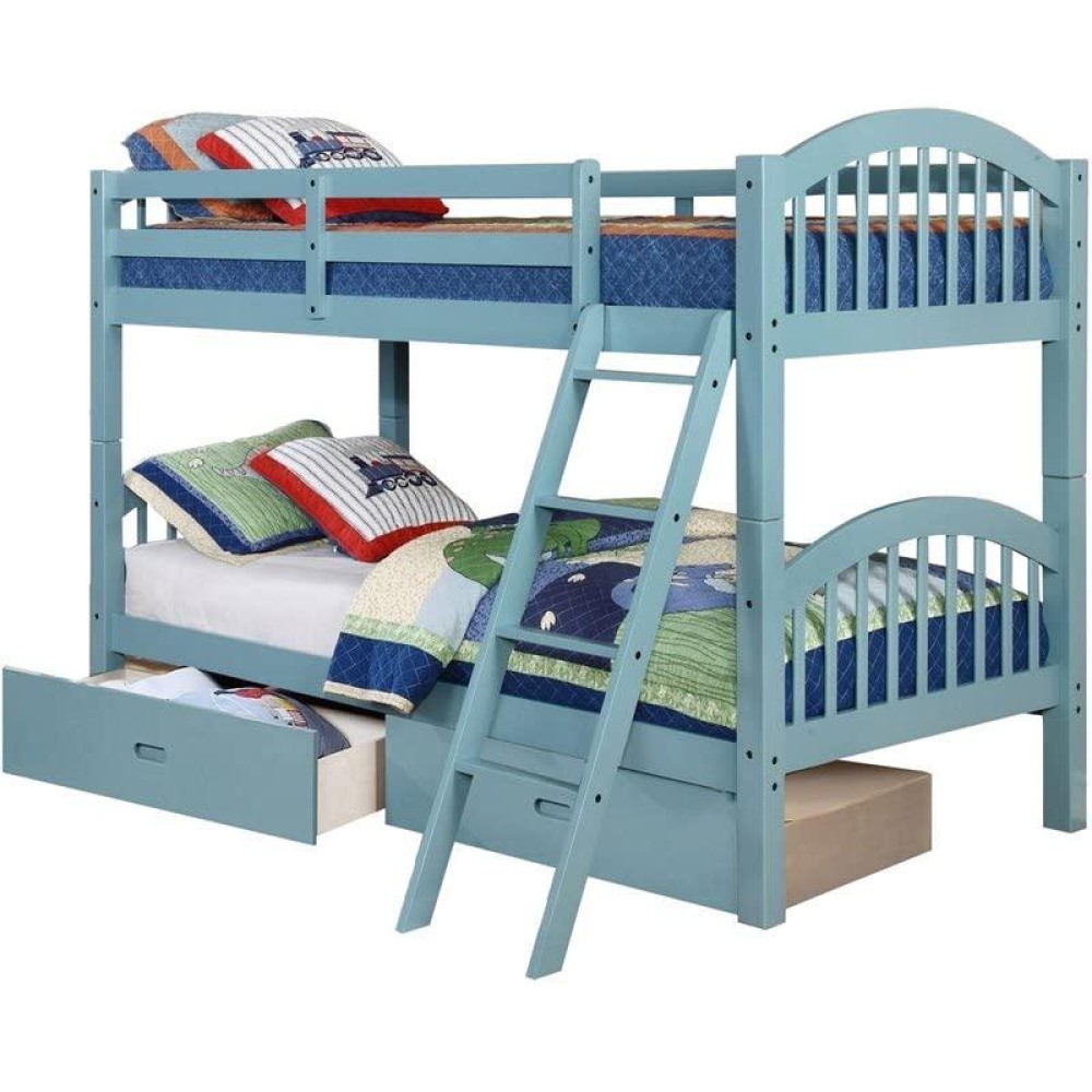 Benjara 2 Drawer Wooden Twin Bunk Bed With Slatted Arch Headboard, Blue