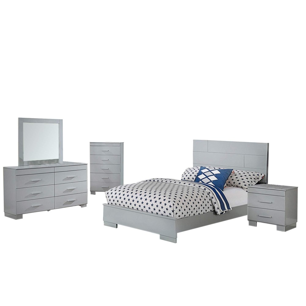 Benjara Twin Contemporary 5 Piece Glossy Wooden Bedroom Set, Gray