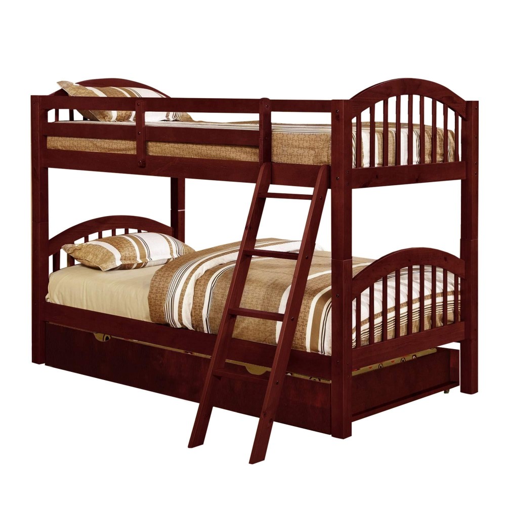 Benjara Arch Design Wooden Twin Bunk Bed With Trundle, Brown