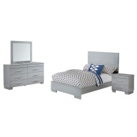 Benjara Twin Contemporary 4 Piece Glossy Wooden Bedroom Set, Gray