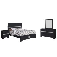 Benjara 4 Piece Wooden Full Bedroom Set, Black, Silver