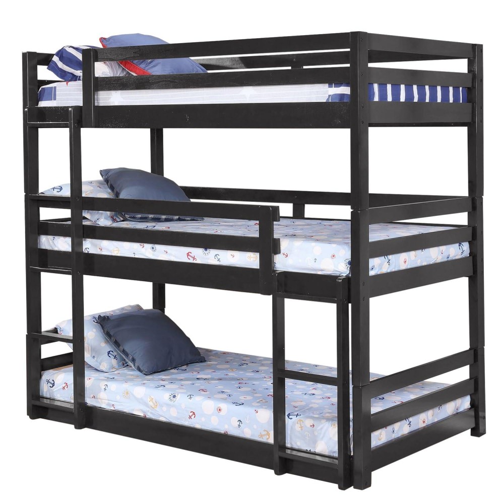 Benjara 3 Tier Design Wooden Twin Size Bunk Bed With Attached Guardrails, Gray