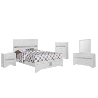 Benjara 5 Piece Wooden Queen Bedroom Set, White, Silver