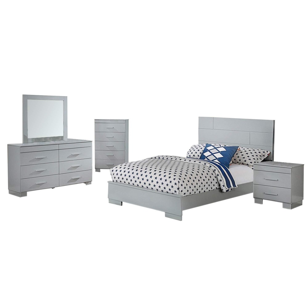 Benjara Contemporary 5 Piece Glossy Wooden Full Bedroom Set, Gray