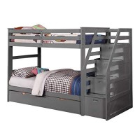 4 Pull Down Storage Wooden Twin Over Twin Bunk Bed With Staircase