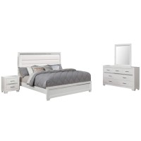 Benjara Queen Leatherette 4 Piece Wooden Bedroom Set With Led, White