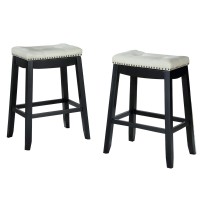 Benjara Wooden Bar Height Stool, Set Of 2, Cream And Black