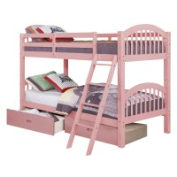 Benjara 2 Drawer Wooden Twin Bunk Bed With Slatted Arch Headboard, Pink