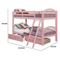 Benjara 2 Drawer Wooden Twin Bunk Bed With Slatted Arch Headboard, Pink