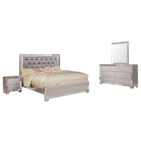 Benjara Crystal Tufted 4 Piece Wooden Queen Bedroom Set With Led, Silver