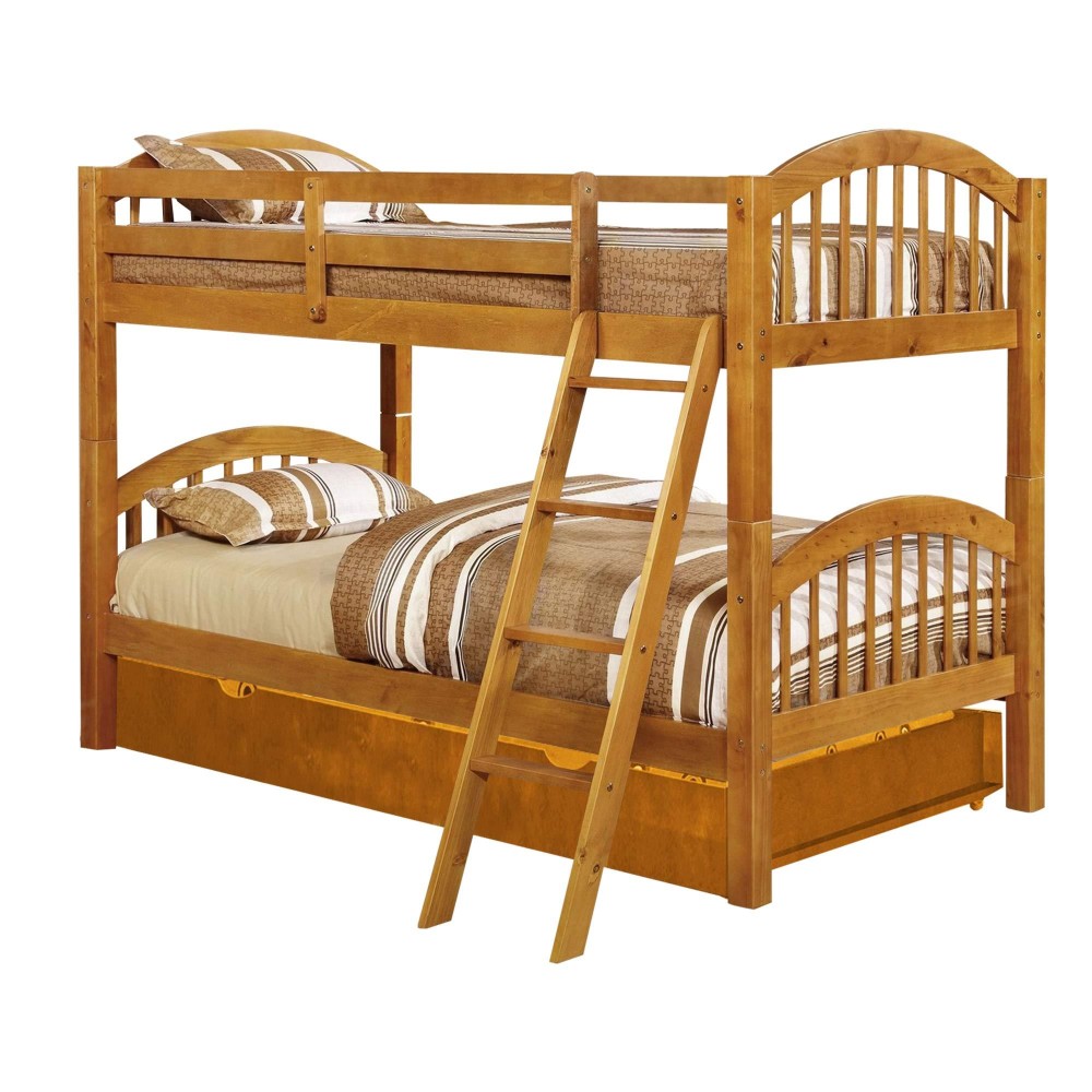 Benjara Arch Design Wooden Twin Bunk Bed With Trundle, Brown