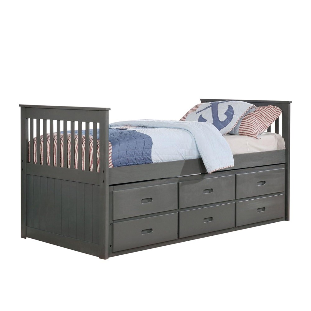 Benjara Mission Style Wooden Twin Captain Bed With Trundle And 3 Drawers, Gray