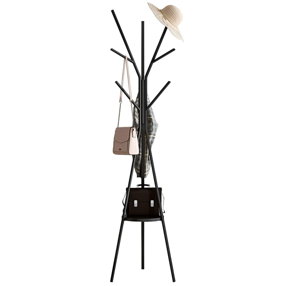 Iotxy Metal Coat Rack Tree - 71 Inches Tall Floor Standing Clothing Hanger With Wooden Shelf And 9 Hooks For Handbag Jacket Scarf Rack, Black