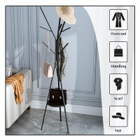 Iotxy Metal Coat Rack Tree - 71 Inches Tall Floor Standing Clothing Hanger With Wooden Shelf And 9 Hooks For Handbag Jacket Scarf Rack, Black