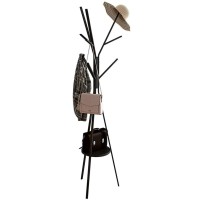 Iotxy Metal Coat Rack Tree - 71 Inches Tall Floor Standing Clothing Hanger With Wooden Shelf And 9 Hooks For Handbag Jacket Scarf Rack, Black