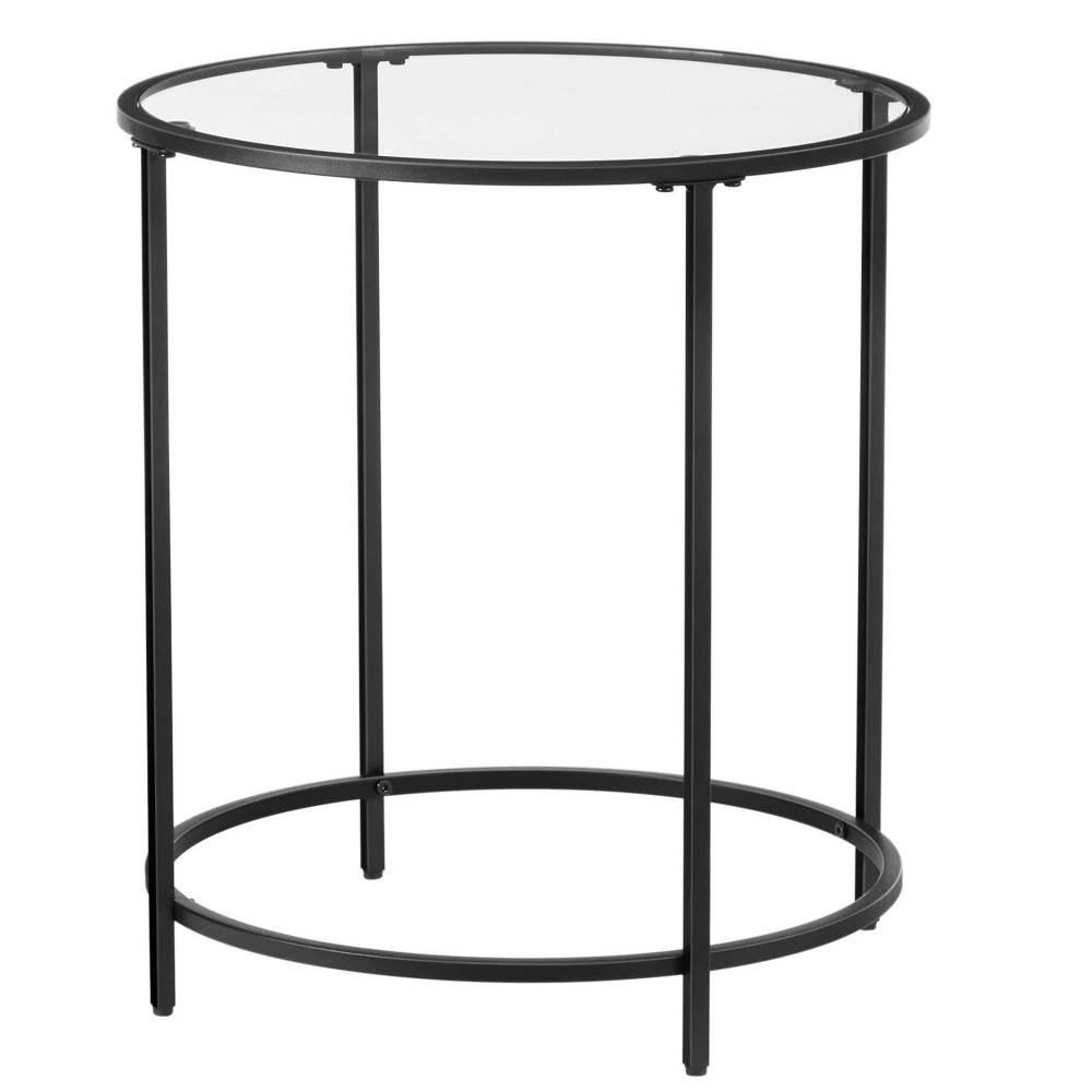 Vasagle Round Side Table, Glass End Table With Metal Frame, Black Coffee Table With Modern Style For Living Room, Balcony, Bedroom