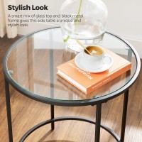 Vasagle Round Side Table, Glass End Table With Metal Frame, Black Coffee Table With Modern Style For Living Room, Balcony, Bedroom