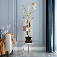 Iotxy Metal Coat Rack Tree - 71 Inches Tall Floor Standing Clothing Hanger With Wooden Shelf And 9 Hooks For Handbag Jacket Scarf Rack, Gold