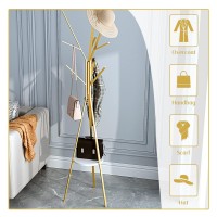 Iotxy Metal Coat Rack Tree - 71 Inches Tall Floor Standing Clothing Hanger With Wooden Shelf And 9 Hooks For Handbag Jacket Scarf Rack, Gold