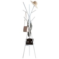 Iotxy Metal Coat Rack Tree - 71 Inches Tall Floorstanding Clothing Hanger With Wooden Shelf And 9 Hooks For Handbag Jacket Scarf Rack, White