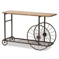 Baxton Studio Terence Vintage Rustic Industrial Natural Finished Wood And Black Finished Metal Wheeled Console Table