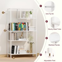 Home Bi Geometric Bookshelf, Tall Modern Etagere Bookcase, Industrial Metal Book Shelf With 5 Open Display Shelves For Office Living Room, White