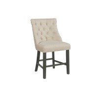 Counter height dining chairs in beige linen fabric with tufted buttons