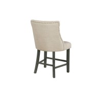 Counter height dining chairs in beige linen fabric with tufted buttons