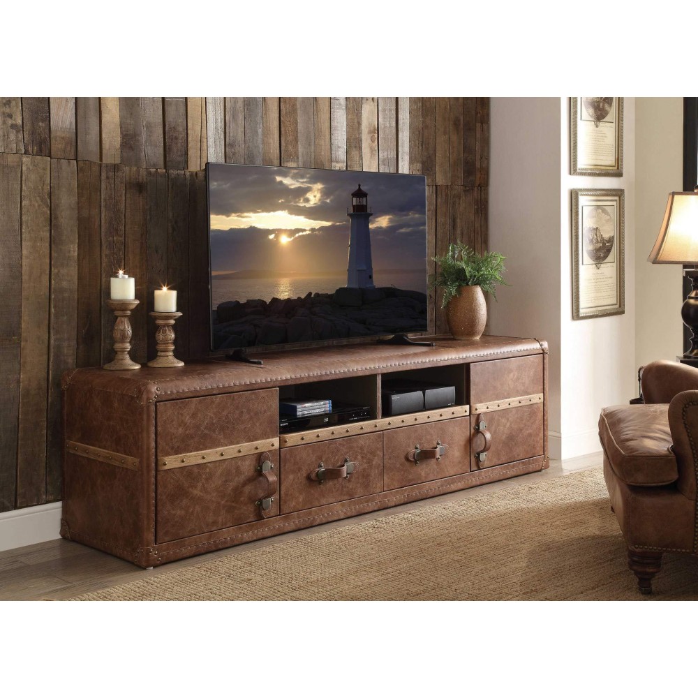 Homeroots 80 X 20 X 22 Retro Brown Leather Tv Stand